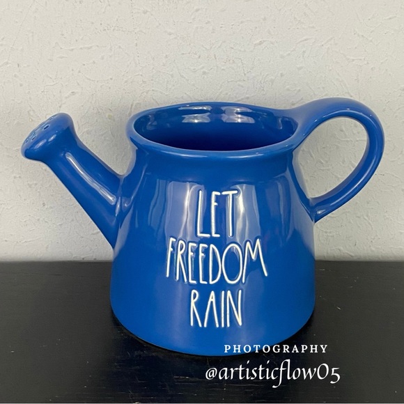 NEW! Rae Dunn Let Freedom Rain Blue Ceramic Watering Can - Picture 5 of 6